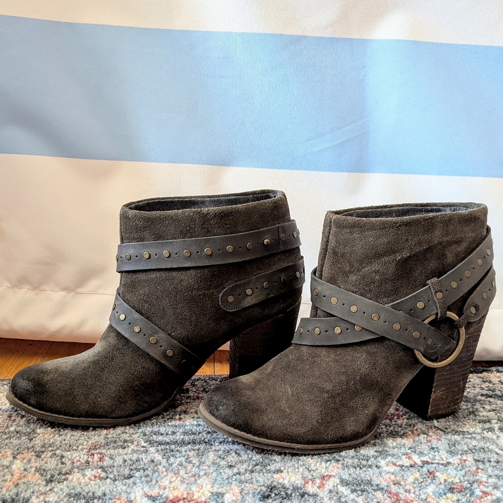 Calvin Klein Daisy Ankle Boots Coffee Grey Brown Buckled Studded Heeled Y2K 8 - Picture 2 of 13